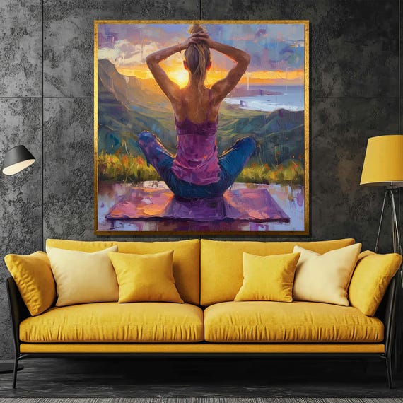Sunrise Yoga Meditation Painting Tranquil Mountain View Wall Art Gift Inspiring Morning Routine Decor For Yoga Enthusiasts