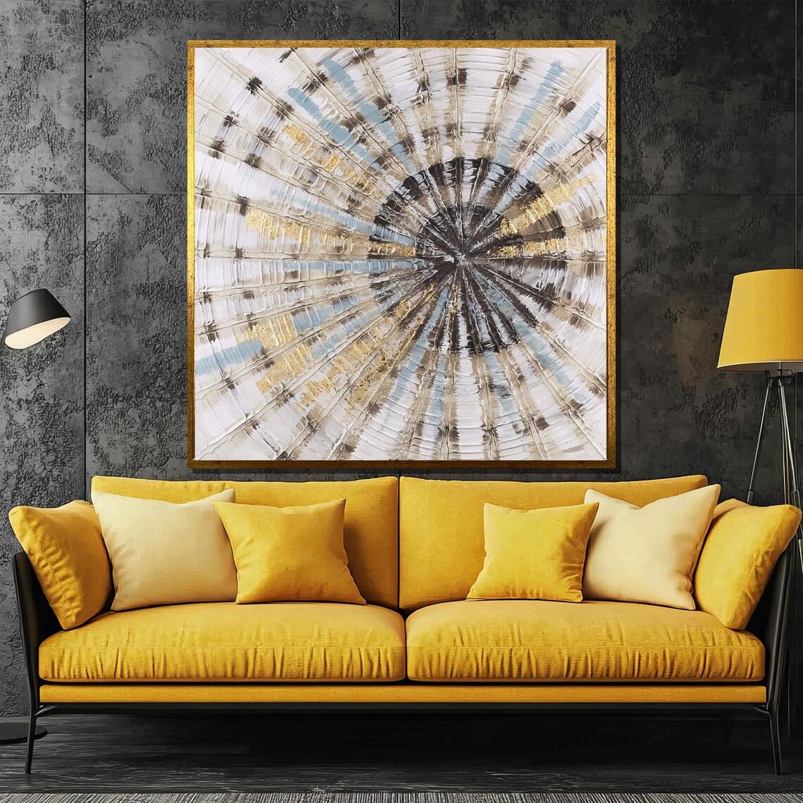 Radial Sunburst Swirl White Gray Gold Abstract Painting Poster - Image 2