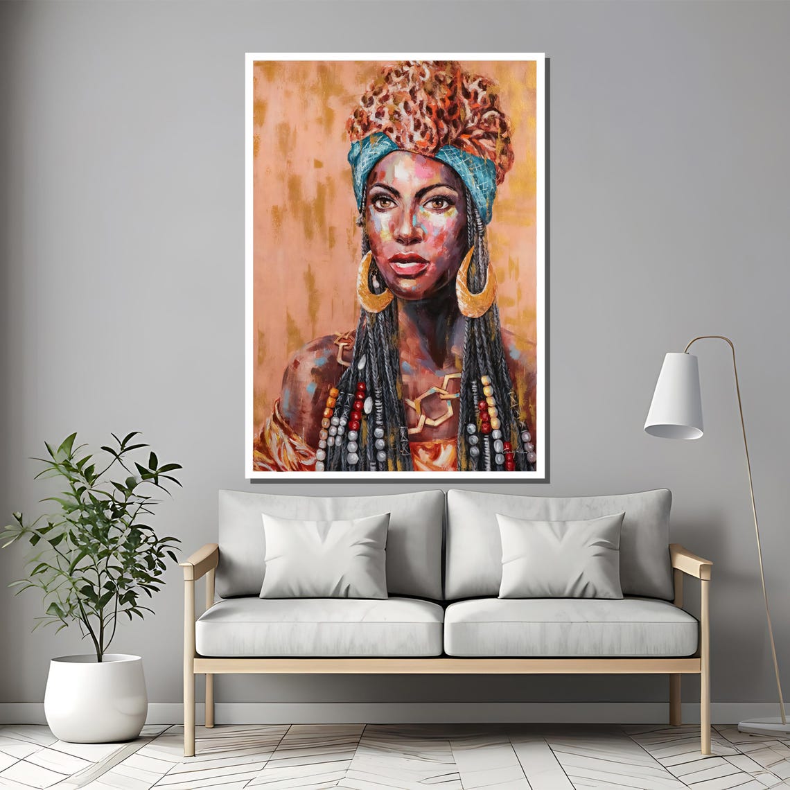 Tribal Woman In Leopard Headwrap And Turquoise Scarf Art Poster - Image 2