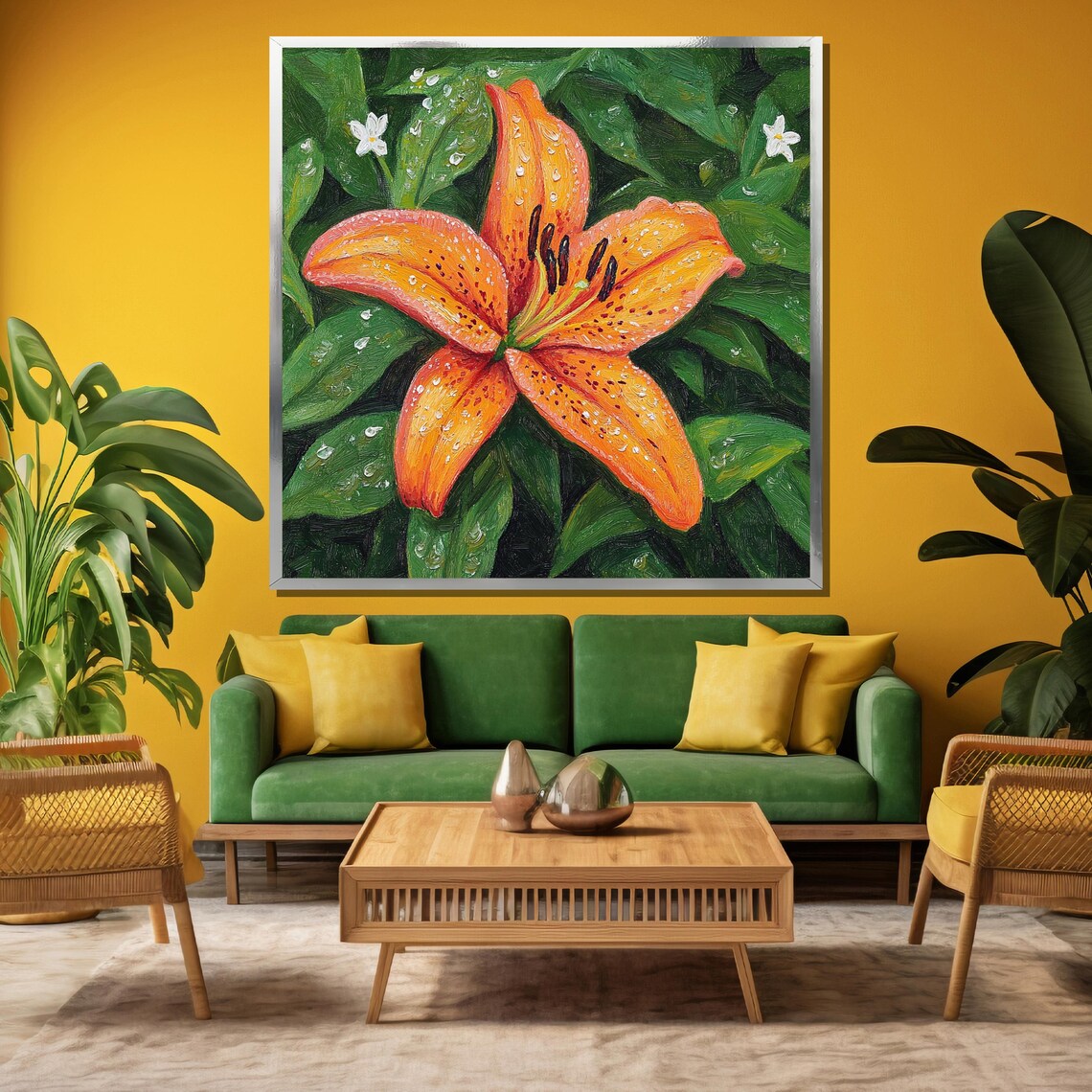 Orange Tiger Lily with Sparkling Dew Drops Among Green Leaves Poster - Image 3