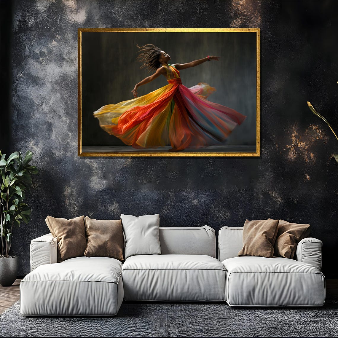 Joyful Dancer Twirling Rainbow Flowing Dress Gray Studio Art Poster - Image 5
