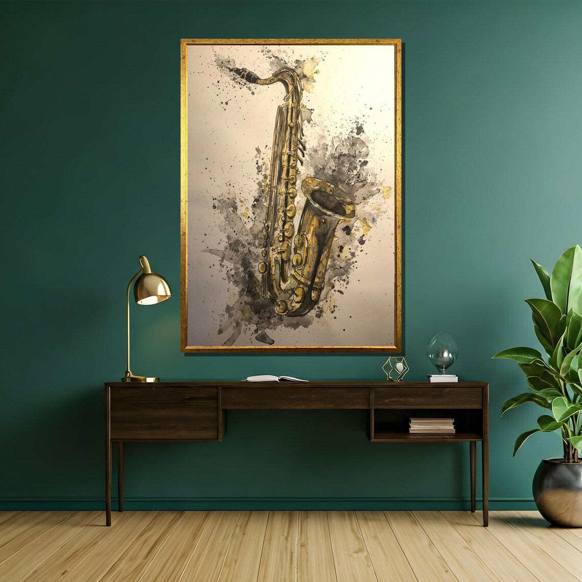 Watercolor Saxophone With Grey Ink Splash Jazz Music Art Poster - Image 5