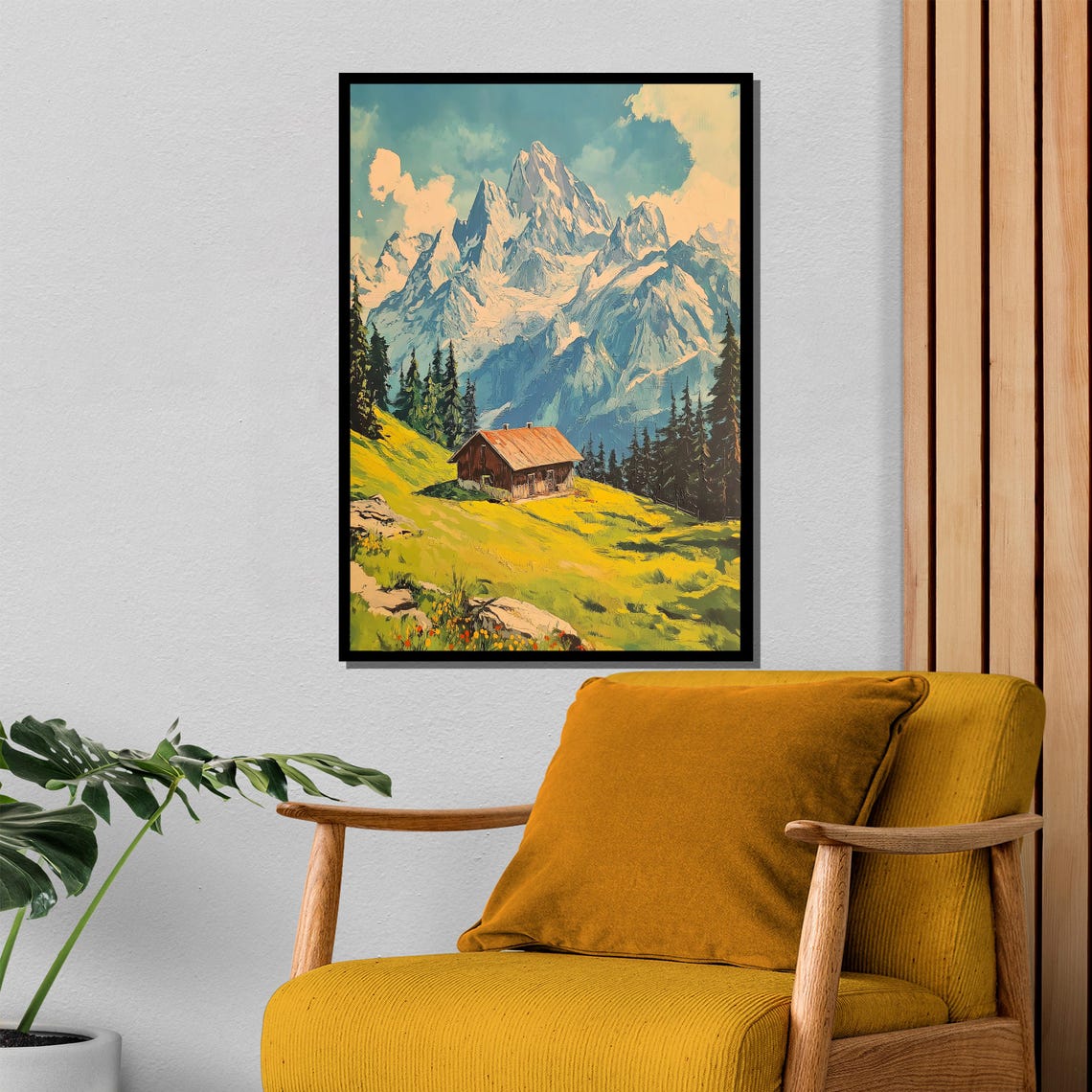Alpine Cabin In A Green Meadow Below Towering Snowy Peaks Poster - Image 4
