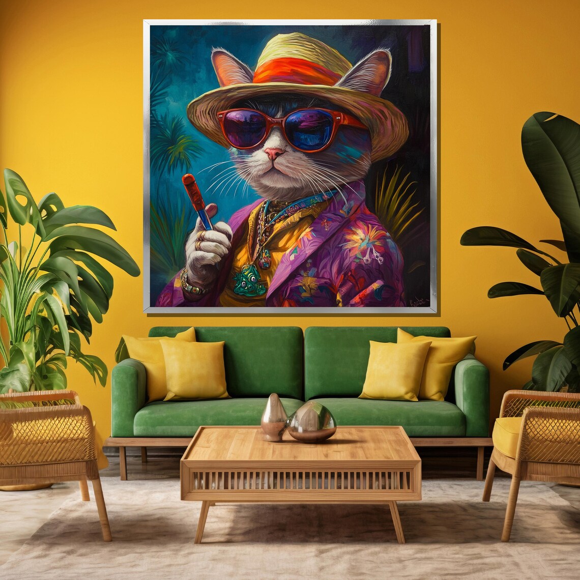 Vacation Cat in a Straw Hat and a Tropical Hawaiian Shirt Poster - Image 3