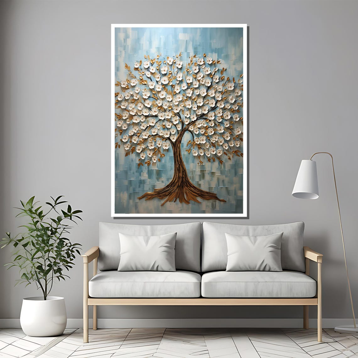 Textured White And Gold Blossom Tree Modern Nature Art Poster - Image 2