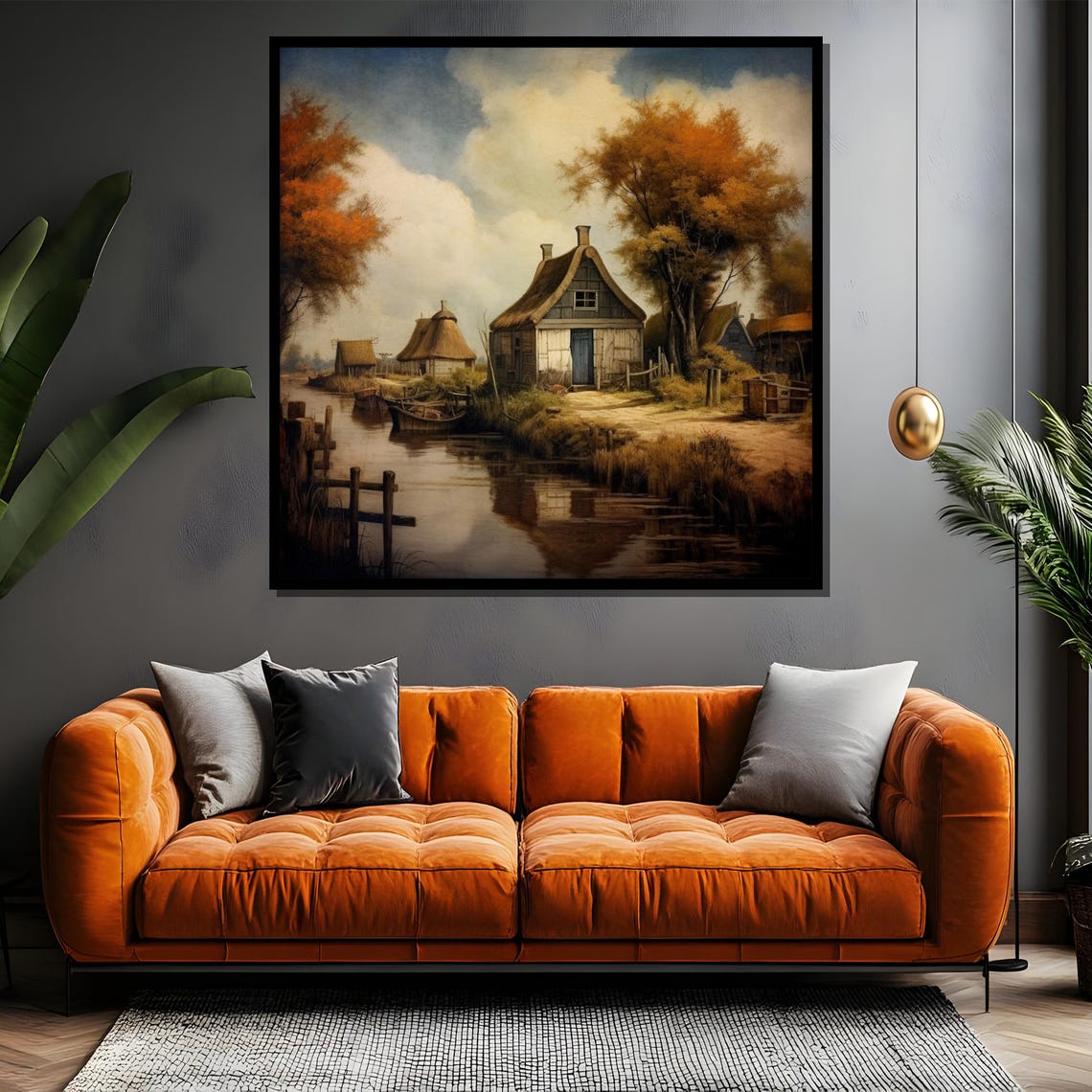 Rustic Thatched Cottage Canal Painting Autumn Countryside Poster - Image 4