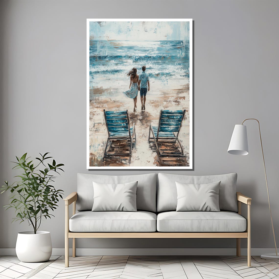 Romantic Couple Walking To The Ocean Past Two Blue Beach Chairs Poster - Image 2
