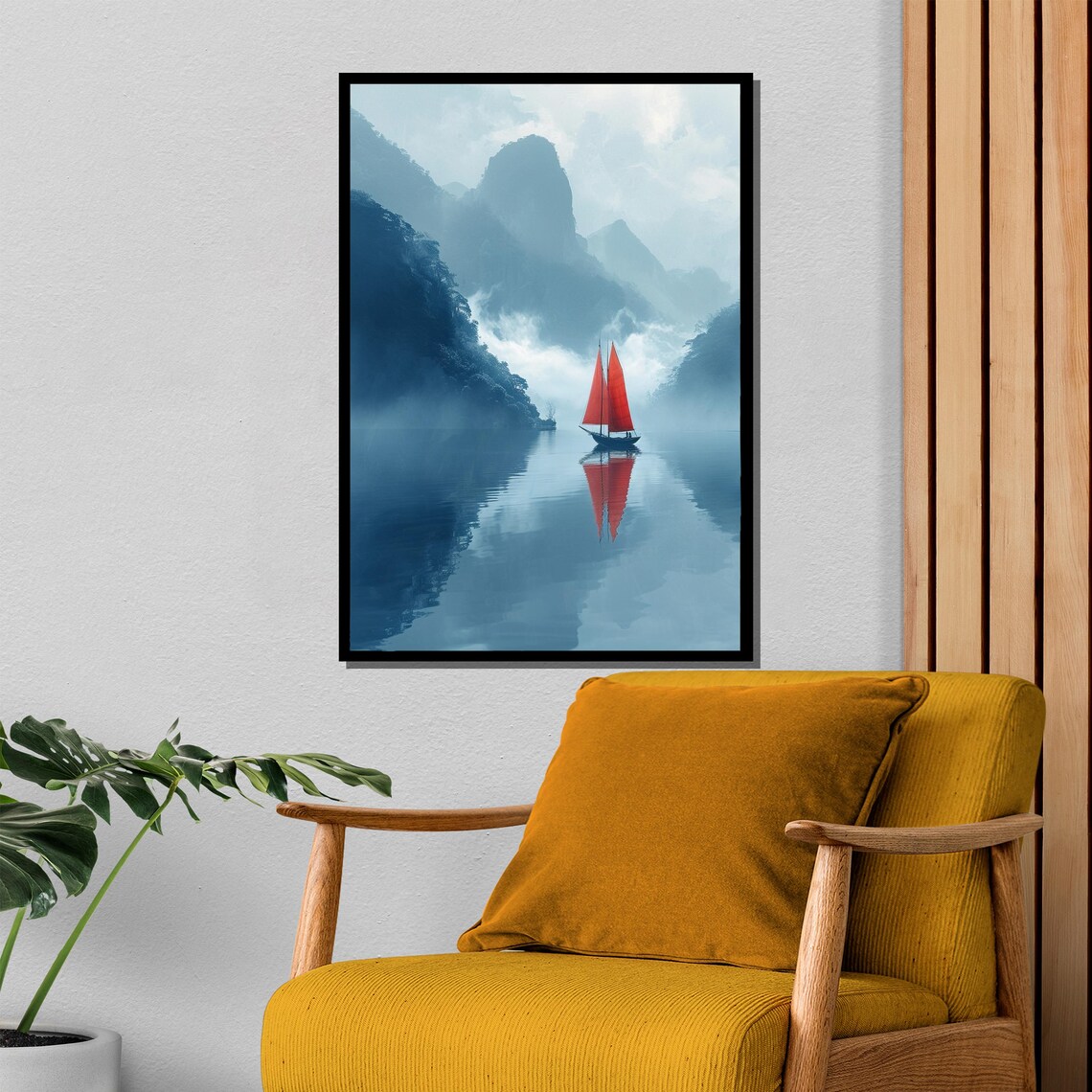 Red Sailed Boat on Misty Asian Mountain Lake Serene Painting Poster - Image 4