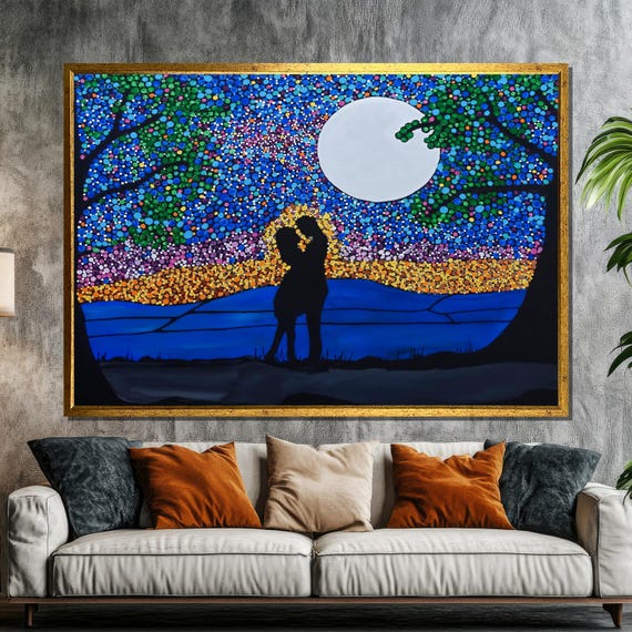 Moonlit Lovers Painting Colorful Romantic Night Art Pointillism Love Scene Silhouette Couple Under Starry Sky Unique Gift Decor