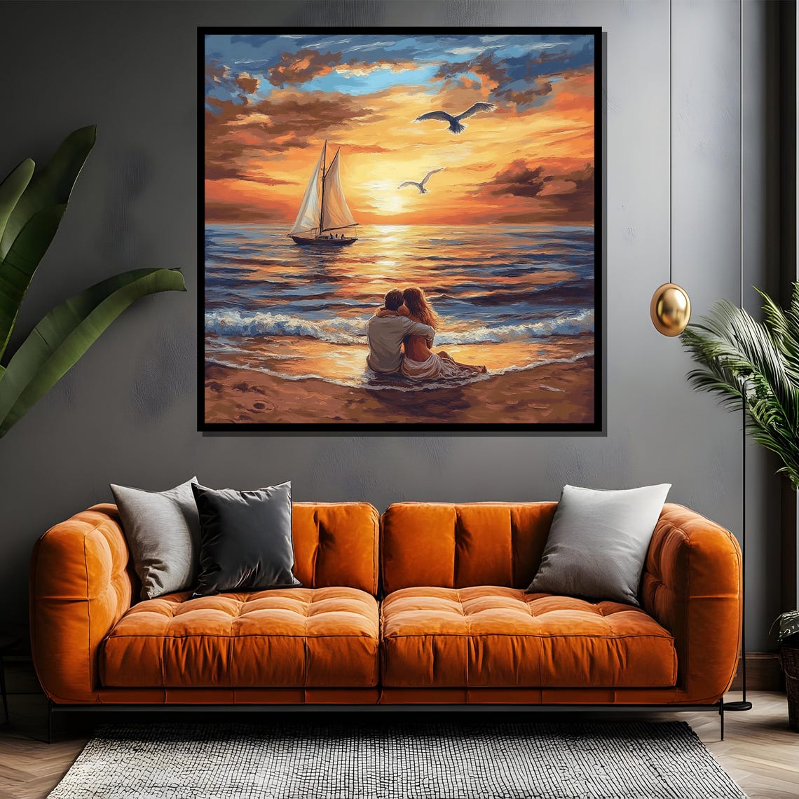 Romantic Beach Sunset Couple Embracing By Sailboat Ocean Poster - Image 4
