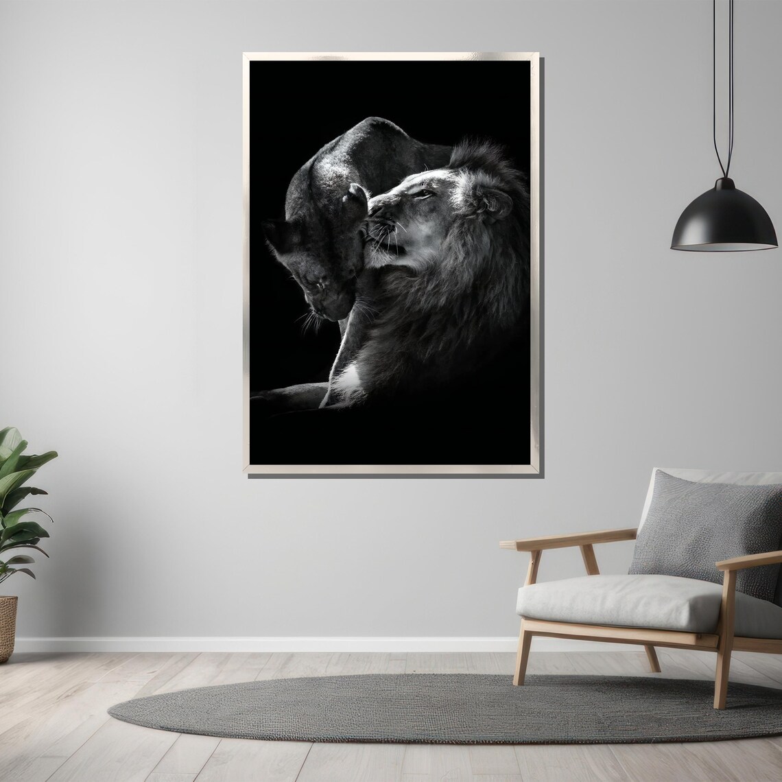 Romantic Lion Couple Black and White Wildlife Photography Art Poster - Image 3