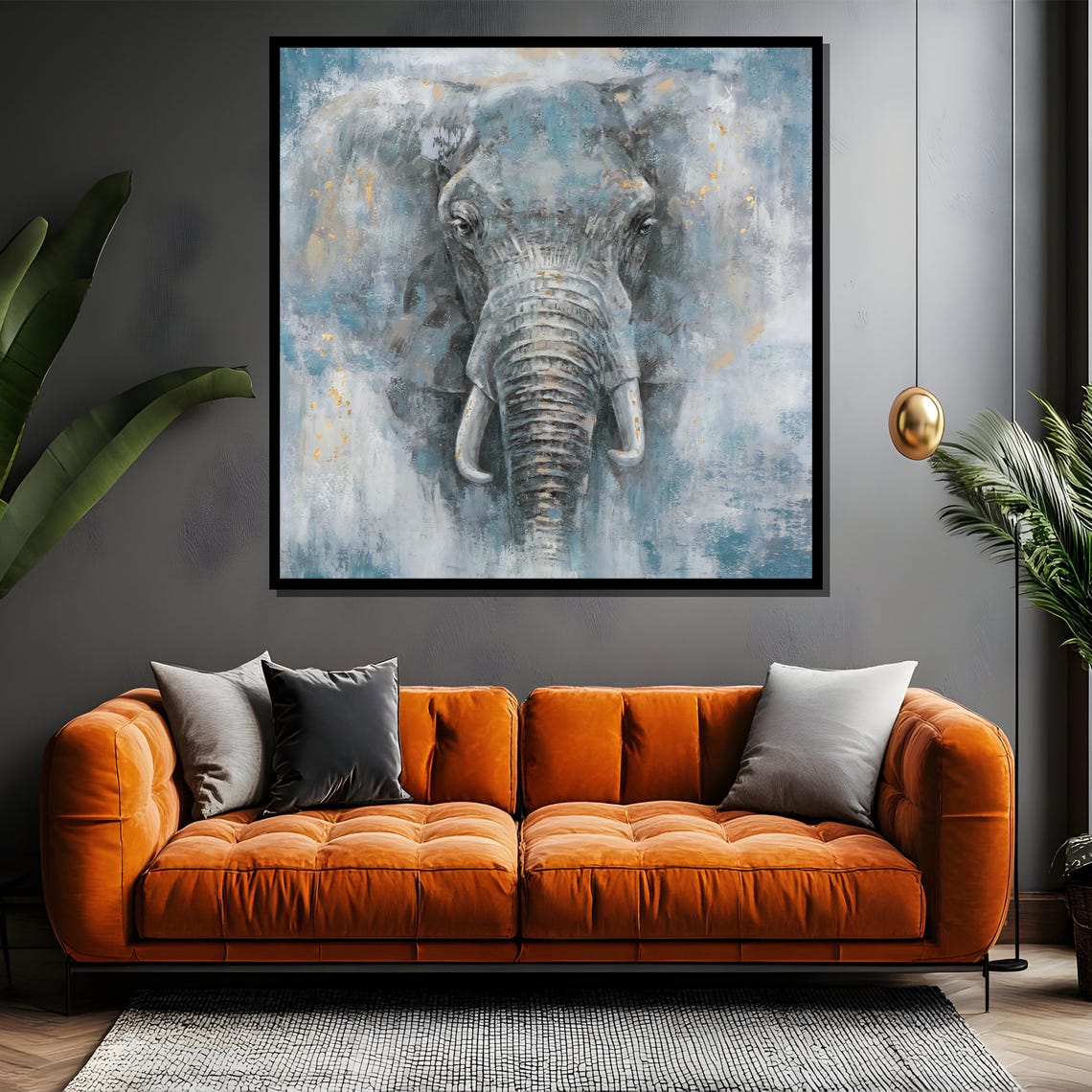 Elephant Portrait in Blue Gray with Gold Flecks Painting Poster - Image 4