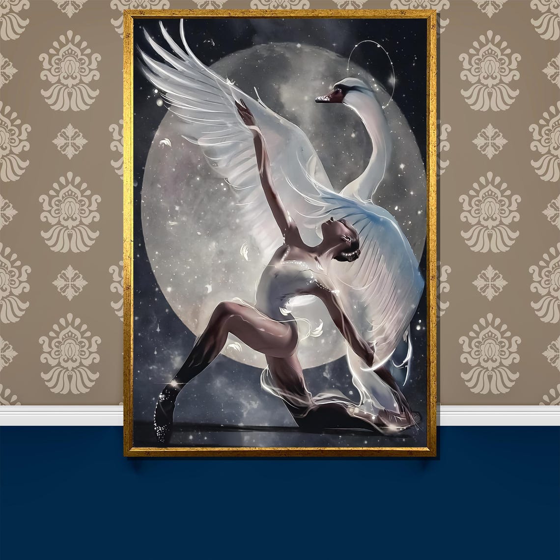 Dancer with Swan Wings Before Full Moon Magical Night Art Poster