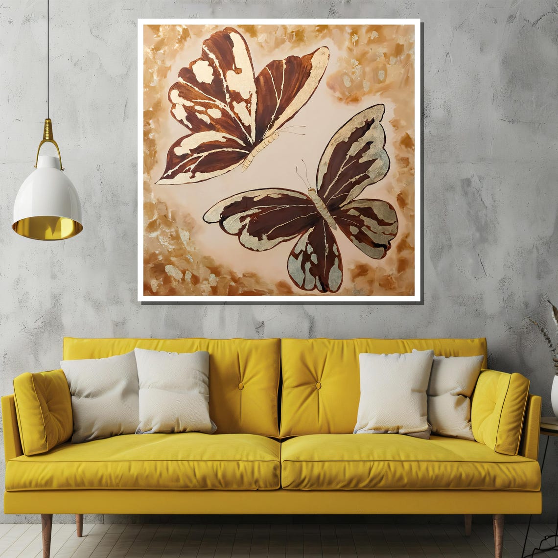 Two Brown and White Butterflies on Golden Beige Painting Poster - Image 2