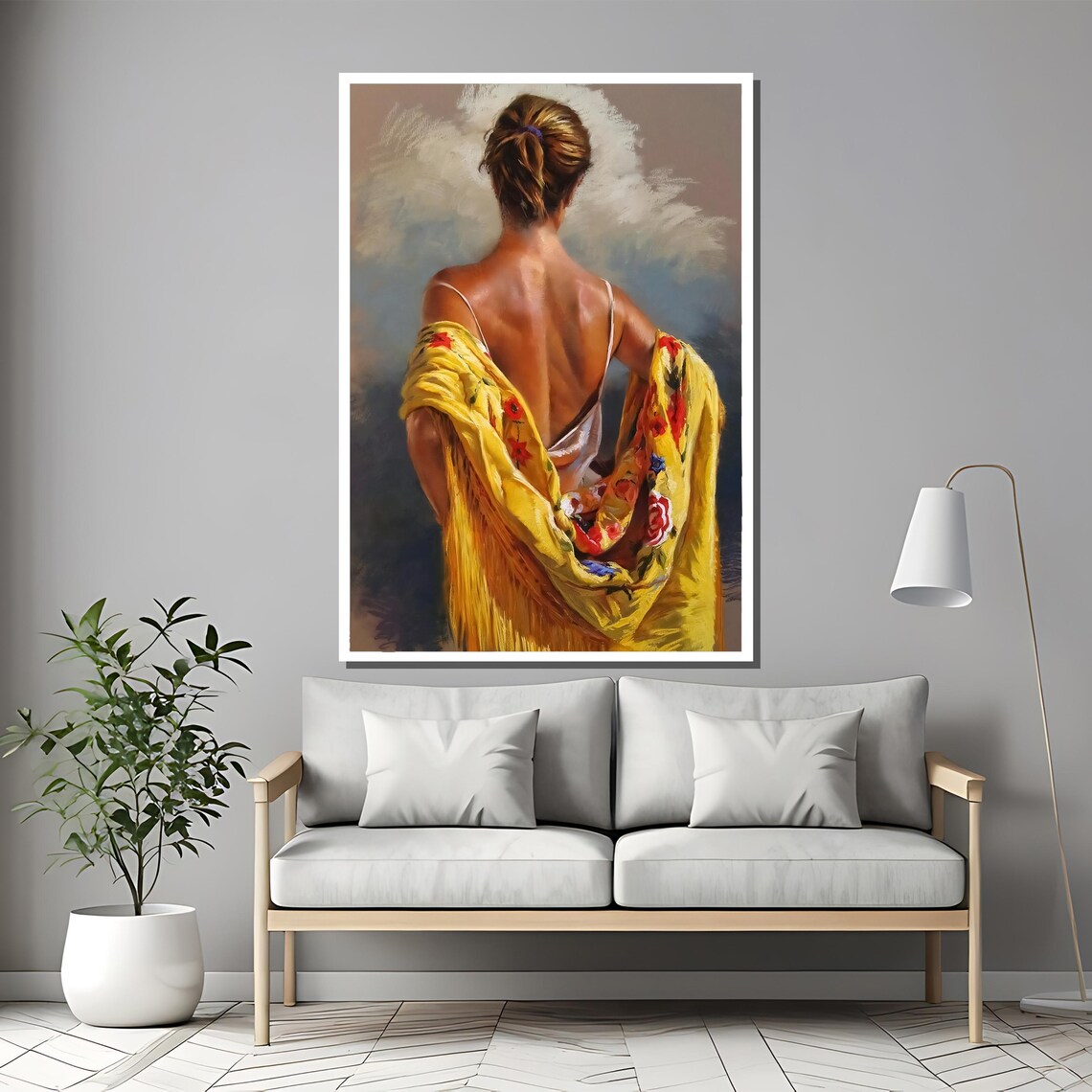Elegant Woman With Yellow Floral Shawl Realistic Painting Poster - Image 2