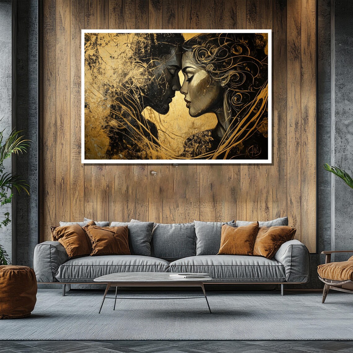 Golden Embrace Black Gold Romantic Couple Faces Art Nouveau Poster - Image 2