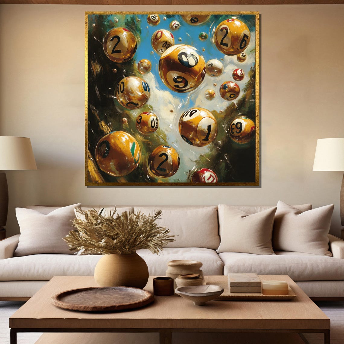 Surreal Golden Numbered Balls Floating in a Dreamy Blue Sky Poster - Image 5