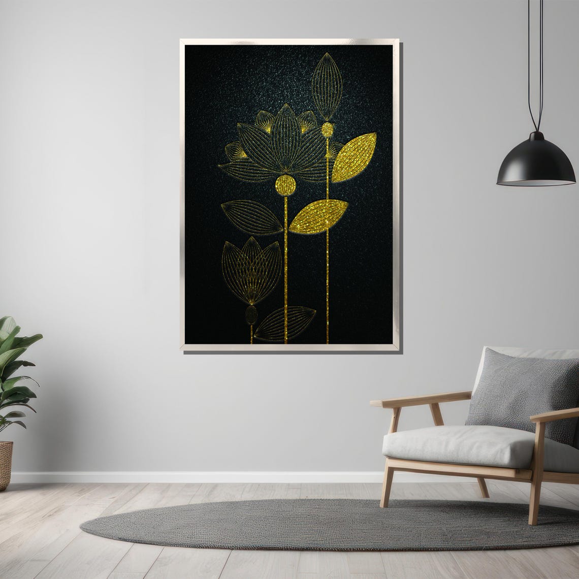Minimalist Gold Lotus Line Art On Black Dark Background Poster - Image 3