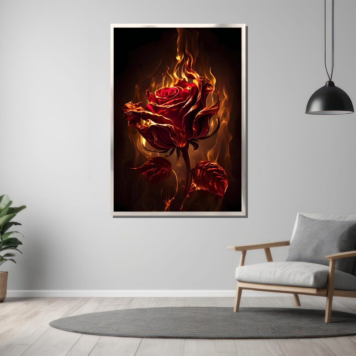 Flaming Red Rose On Dark Black Background Dramatic Flower Poster - Image 3