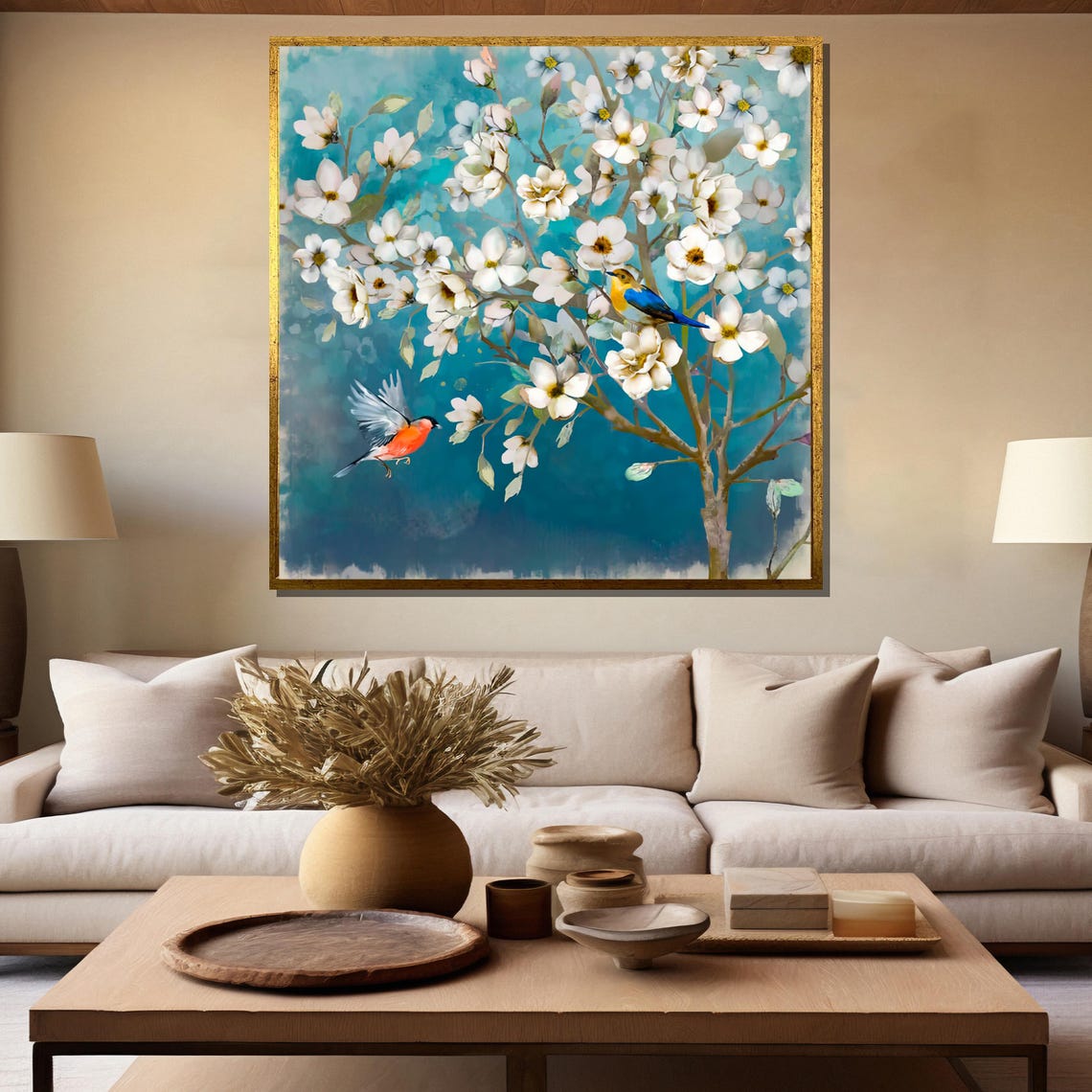 White Blossom Tree with Colorful Birds Spring Painting Poster - Image 5