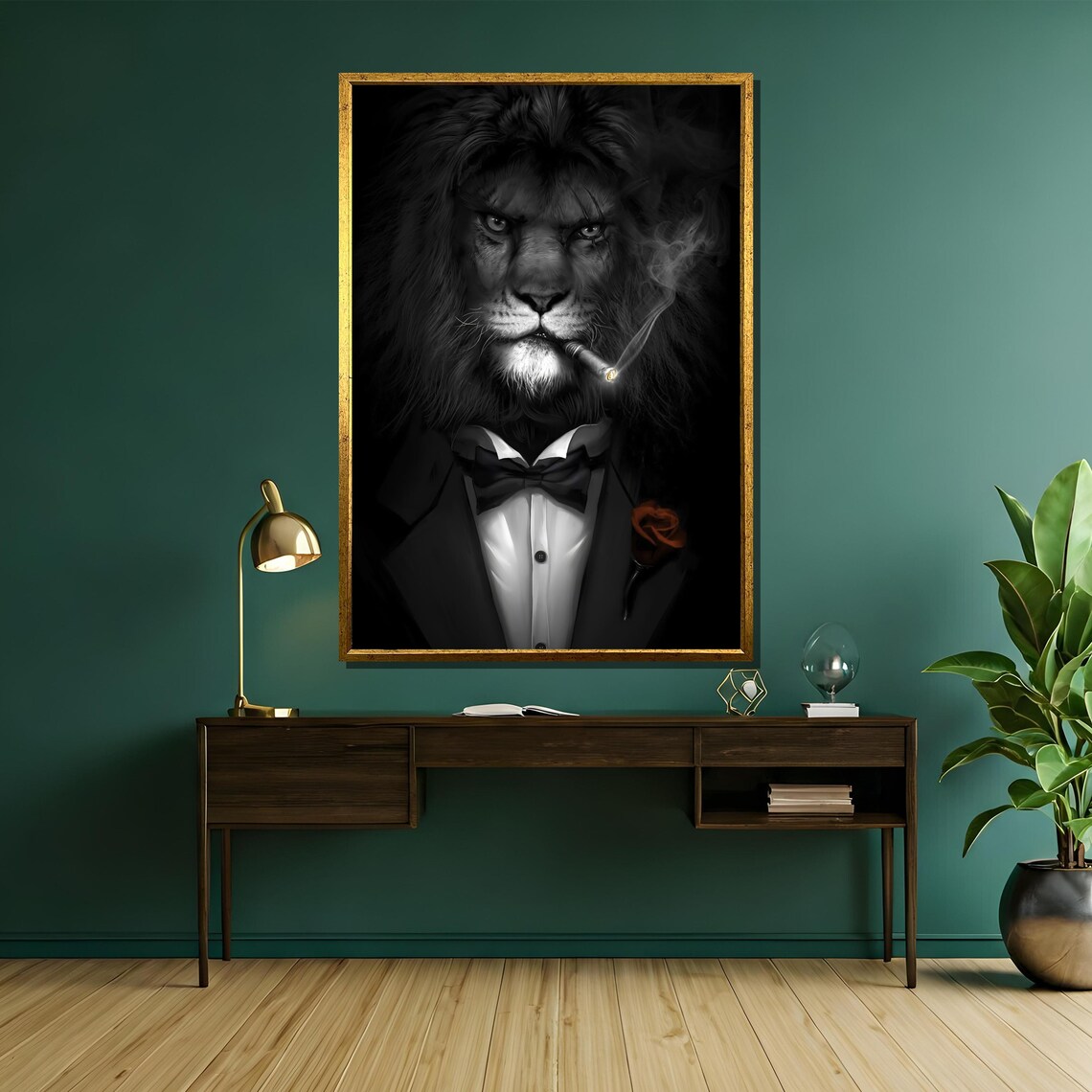 Lion Gangster Tuxedo Cigar Red Rose Funny Animal Artwork Poster - Image 5