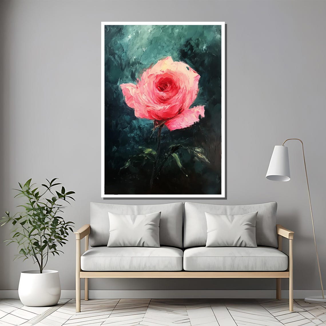 Romantic Pink Rose Impressionist Style Dark Green Floral Poster - Image 2