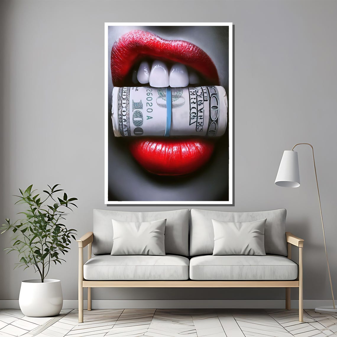 Bold Red Lips Biting Money Roll Provocative Luxury Art Poster - Image 2