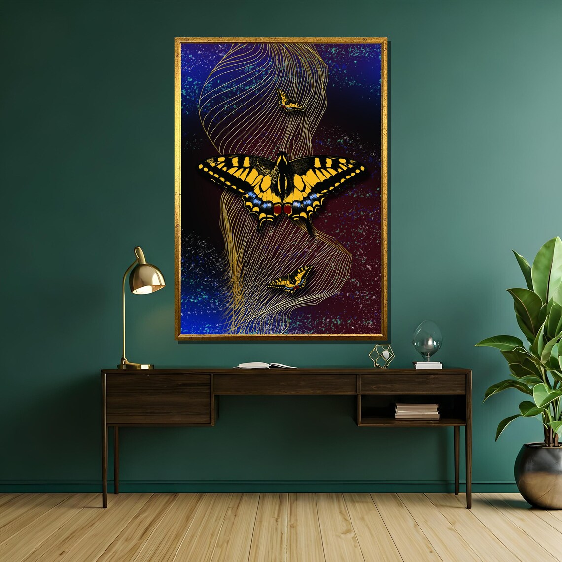Yellow Swallowtail Butterflies Over Midnight Blue Art Poster - Image 5