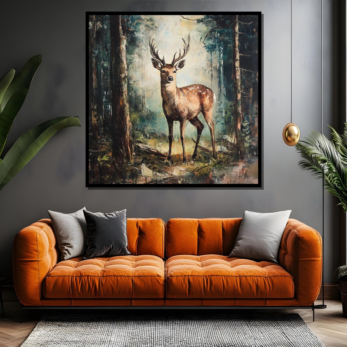 Majestic Stag Standing in a Misty Forest Vintage Painting Poster - Image 4