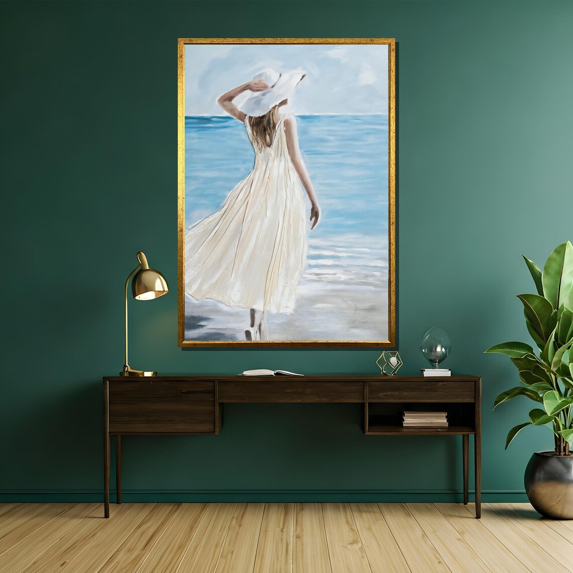 Woman in White Dress and Hat Walking on a Tranquil Beach Poster - Image 5