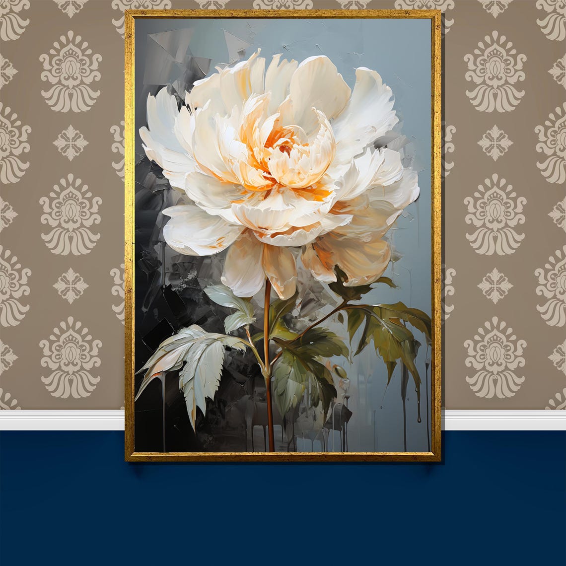 White Peony with Peach Center on a Dark Drip Background Poster