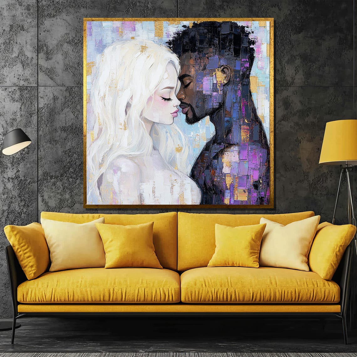 Abstract Interracial Couple Faces Tender Mosaic Style Poster