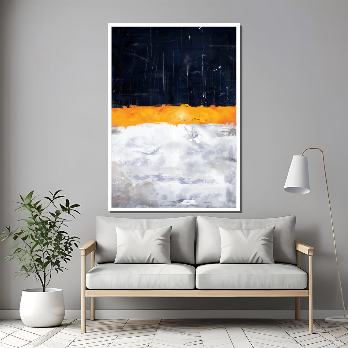 Navy Orange White Abstract Horizon Line Sunset Modern Art Poster - Image 2