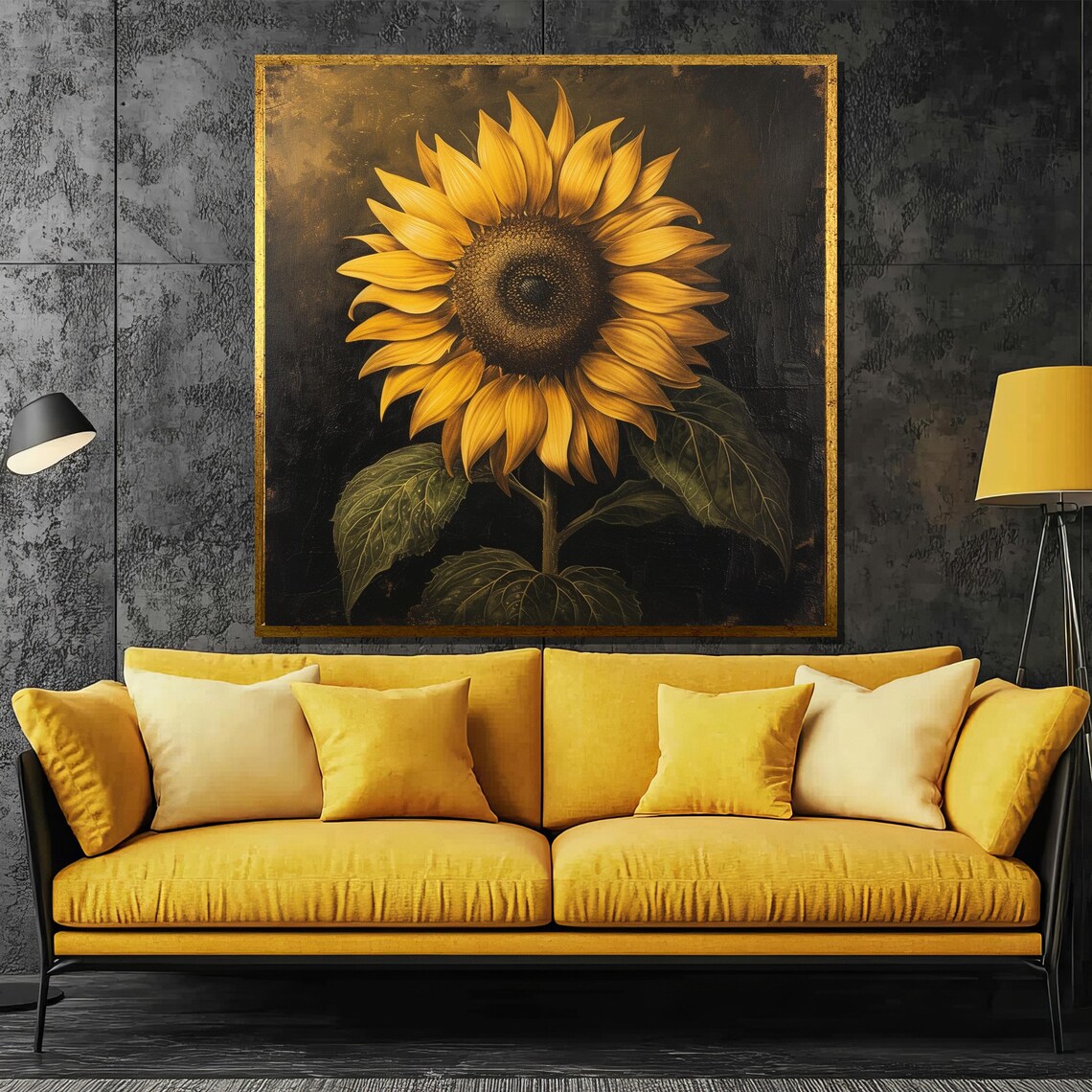 Single Sunflower On Dark Moody Black Background Floral Poster
