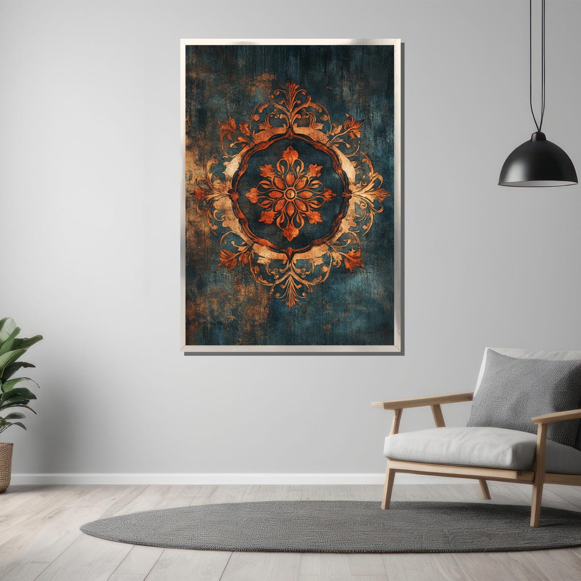 Ornate Vintage Medallion Floral Emblem on Dark Teal Art Poster - Image 3