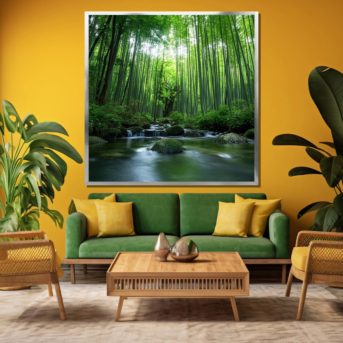 Towering Green Bamboo Forest Beside a Tranquil Stream Art Poster - Image 3