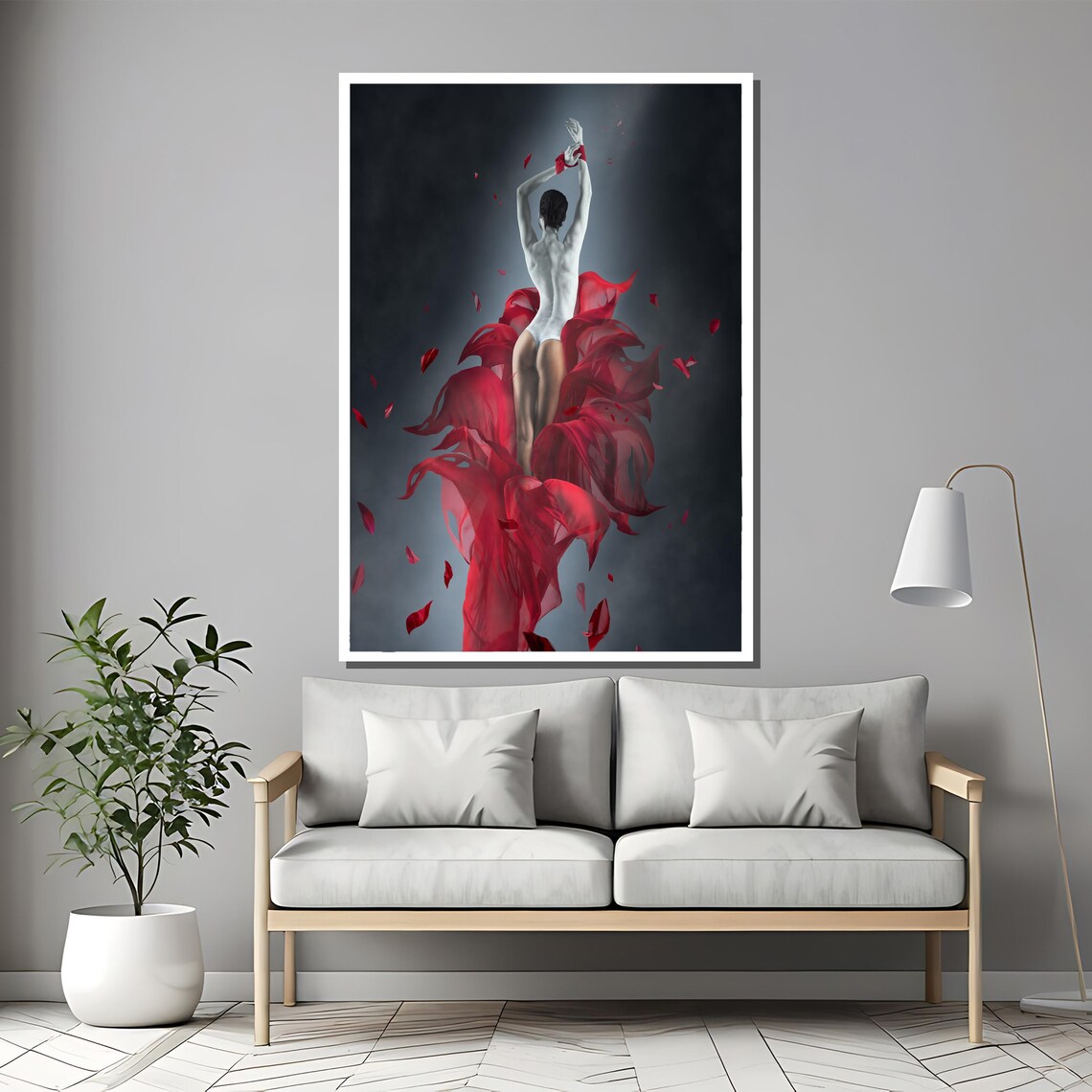 Red Silk Embrace Dancer in White Bodysuit Amid Petals Art Poster - Image 2