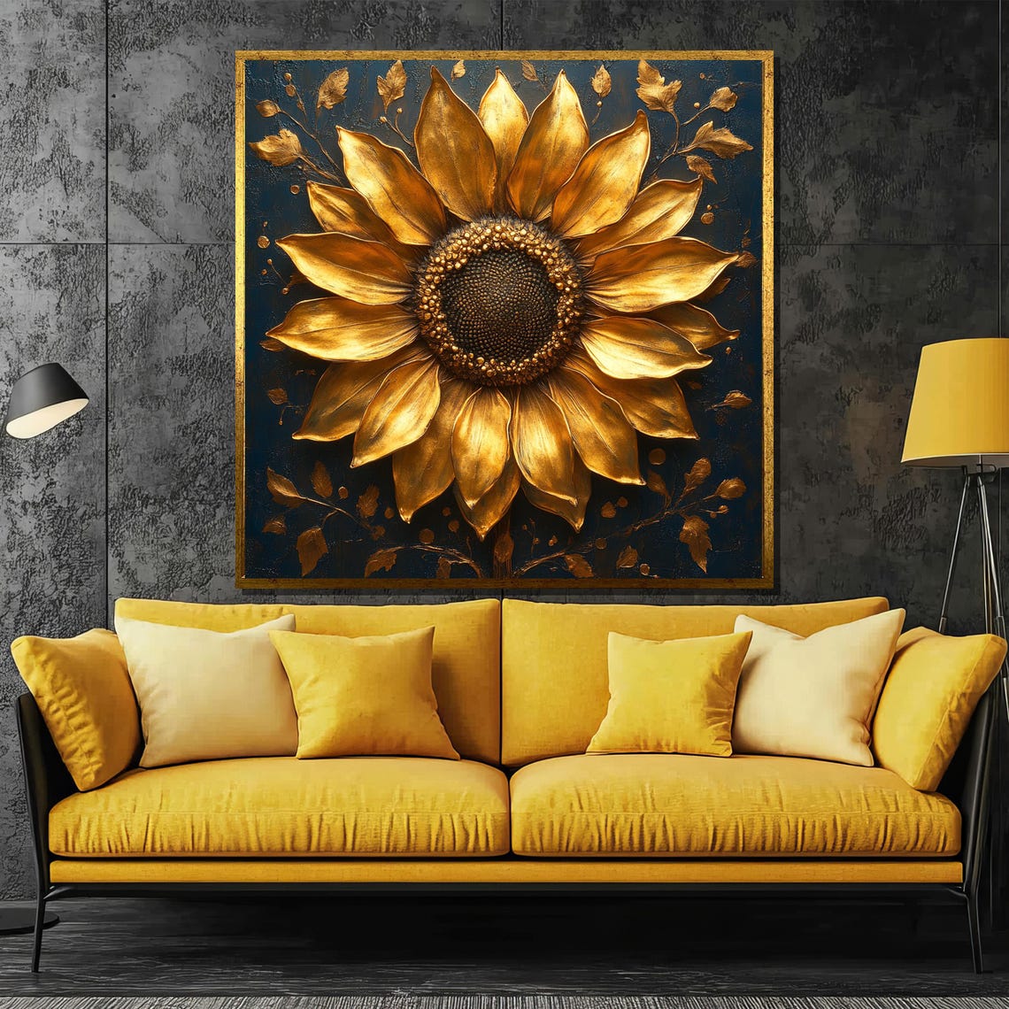 Golden 3D Sunflower On Deep Blue Luxurious Large Floral Poster