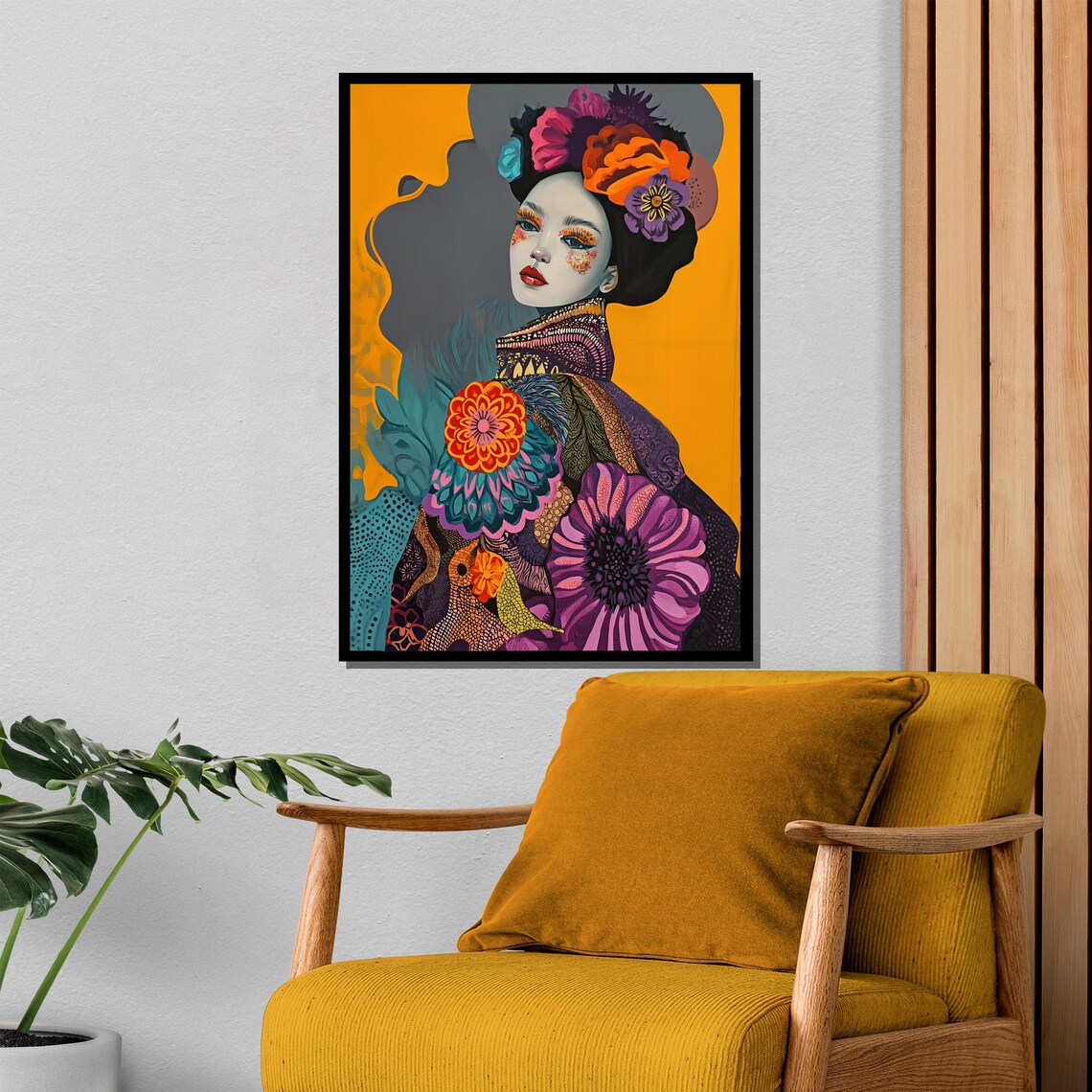 Colorful Floral Geisha Portrait On Bold Orange Pop Art Poster - Image 4
