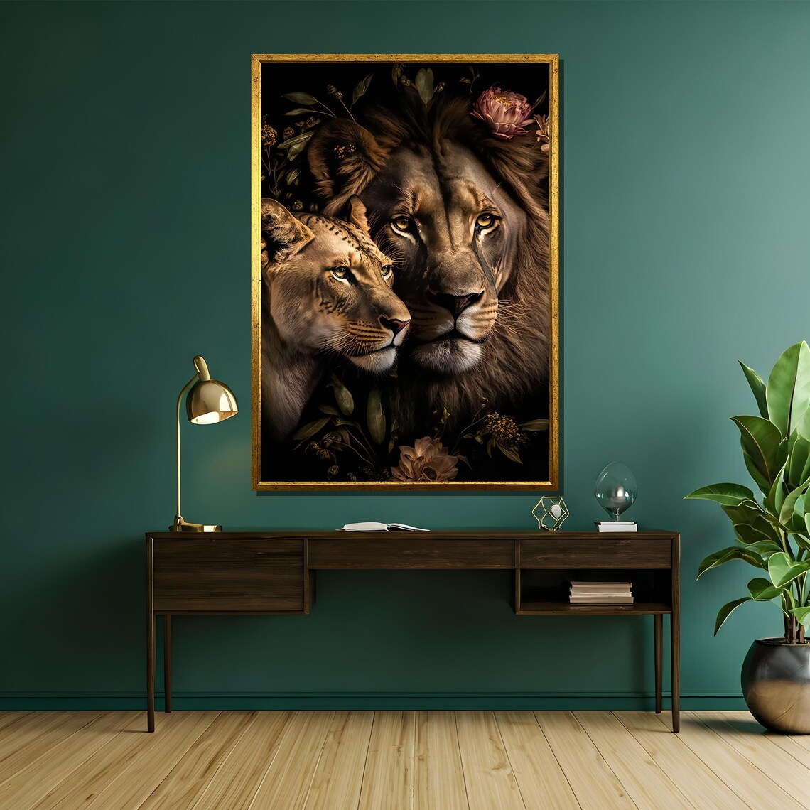 Lion And Lioness Portrait Framed By Dark Blooming Flowers Poster - Image 5