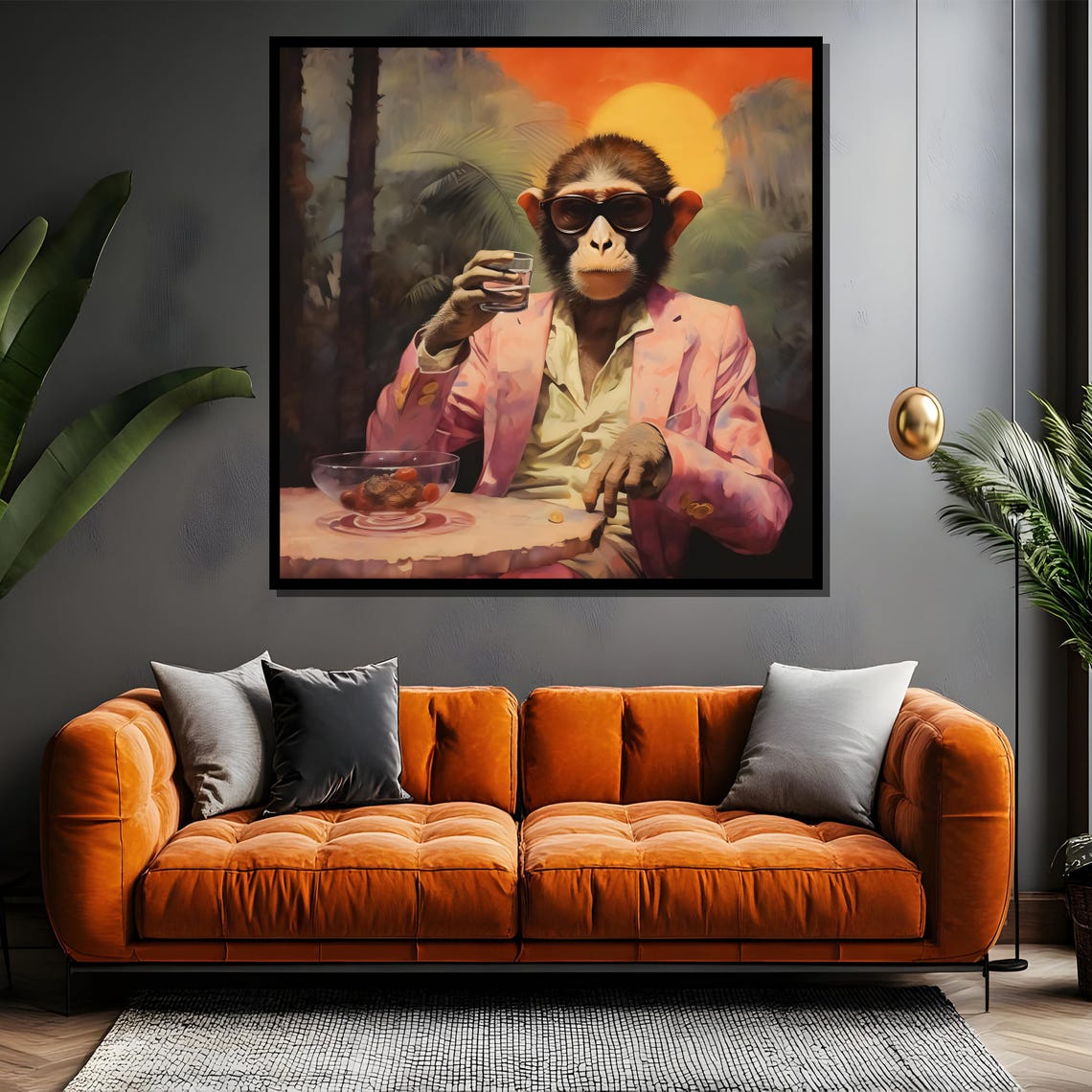 Monkey in Pink Suit and Sunglasses Drinking at Sunset Poster - Image 4