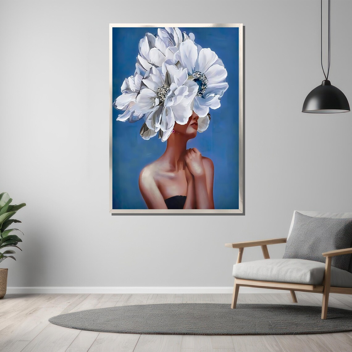 Woman With White Flower Headdress On Blue Modern Portrait Poster - Image 3