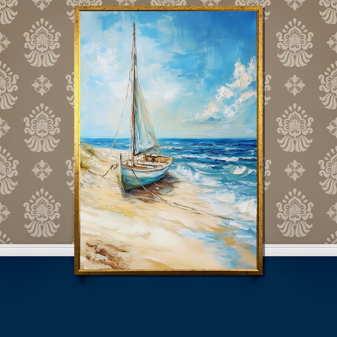 Sailboat Resting On Sandy Shore With Rolling Blue Ocean Waves Poster