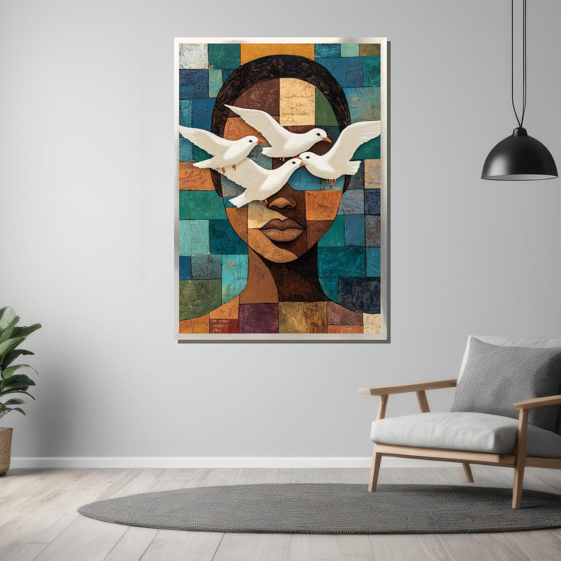 Mosaic Woman Portrait With Flying White Doves Surreal Art Poster - Image 3