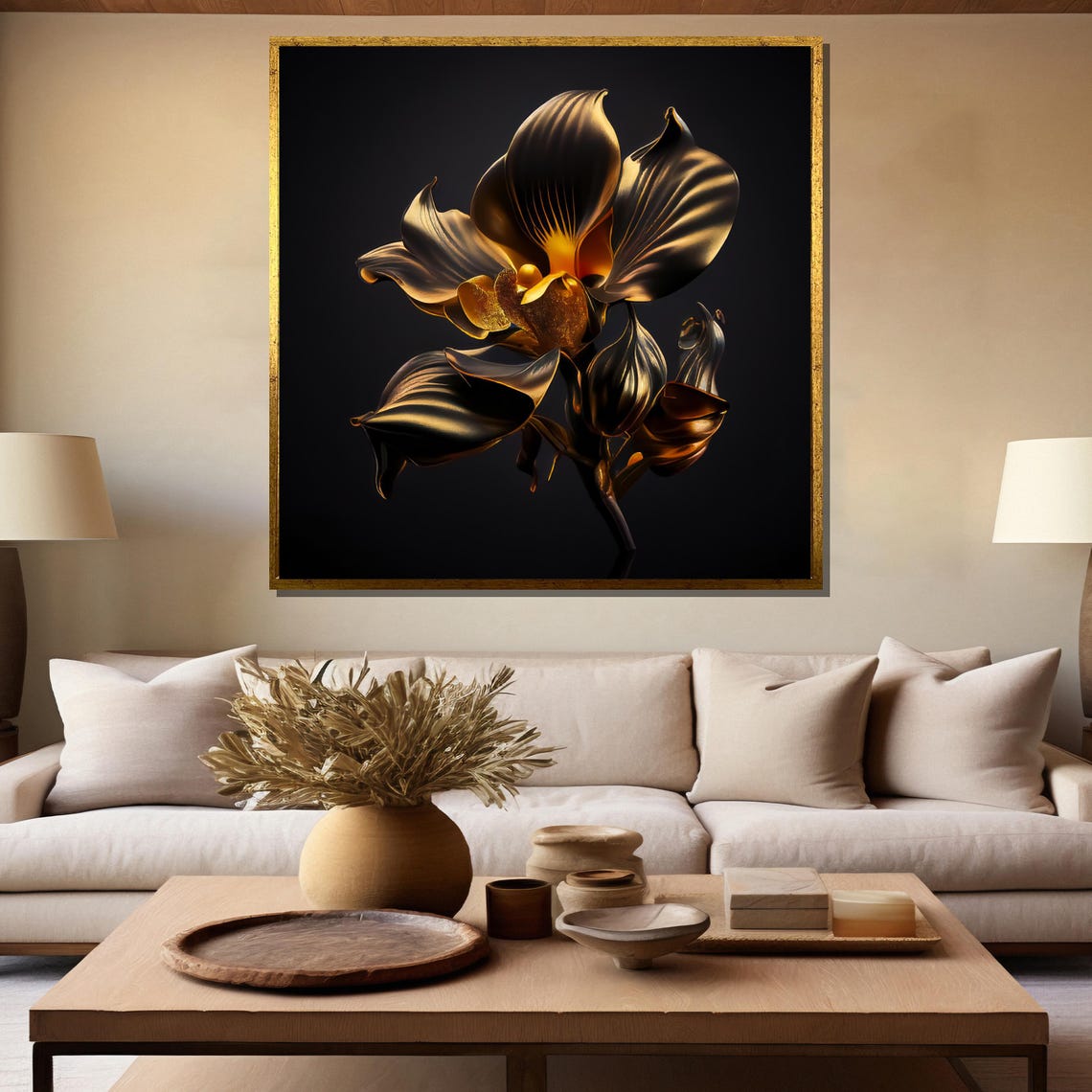 Metallic Gold Orchid Bloom on a Black Luxury Botanical Poster - Image 5