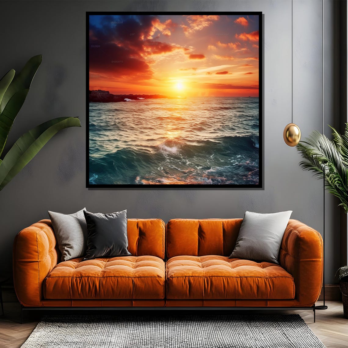 Fiery Ocean Sunset Golden Clouds Wave Seascape Painting Poster - Image 4