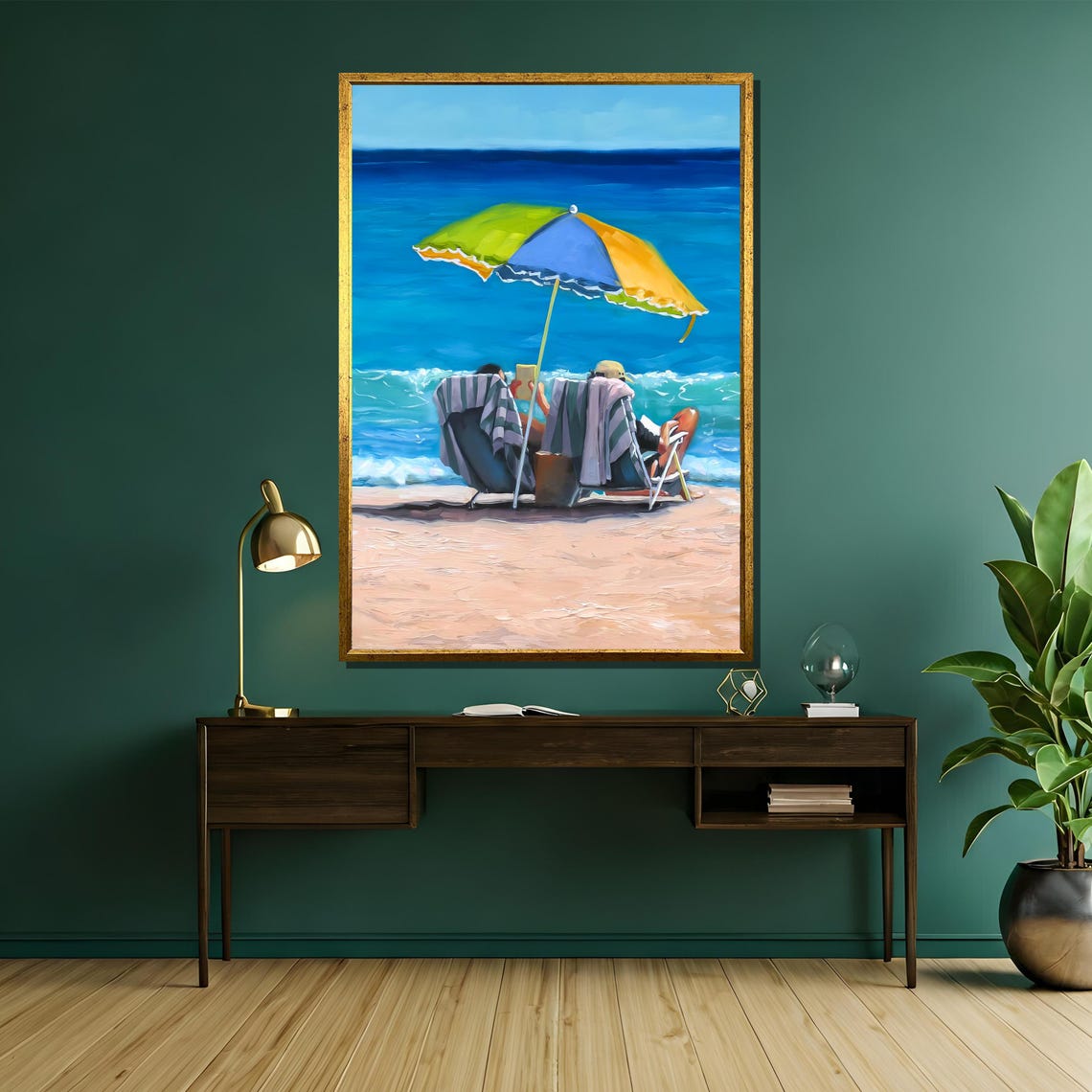 Couple Relaxing Under Beach Umbrella on Sunny Shore Painting Poster - Image 5