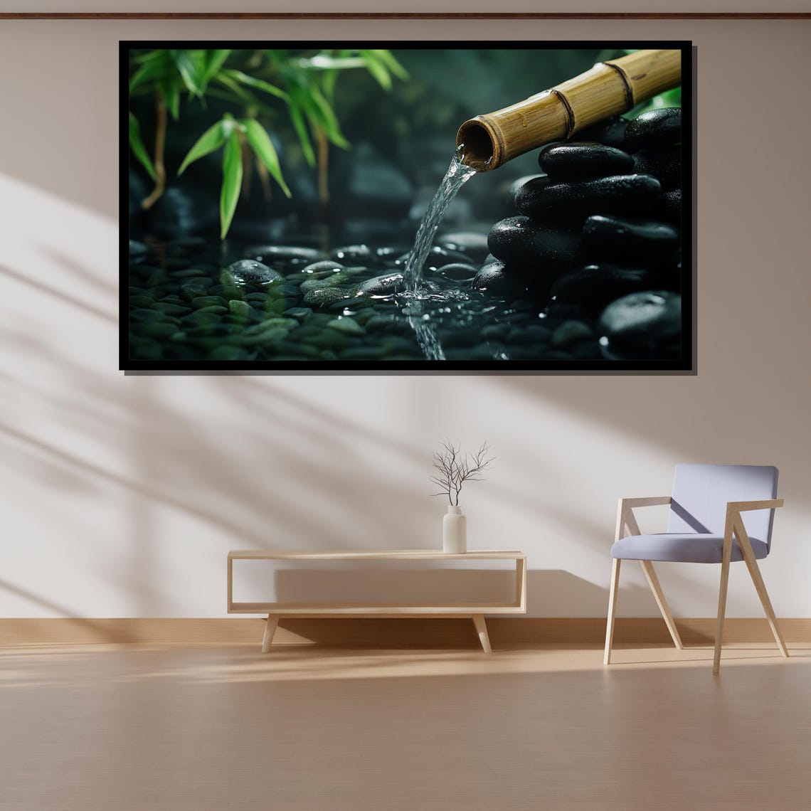 Bamboo Fountain Pouring Water Over Smooth Black Pebbles Poster - Image 4