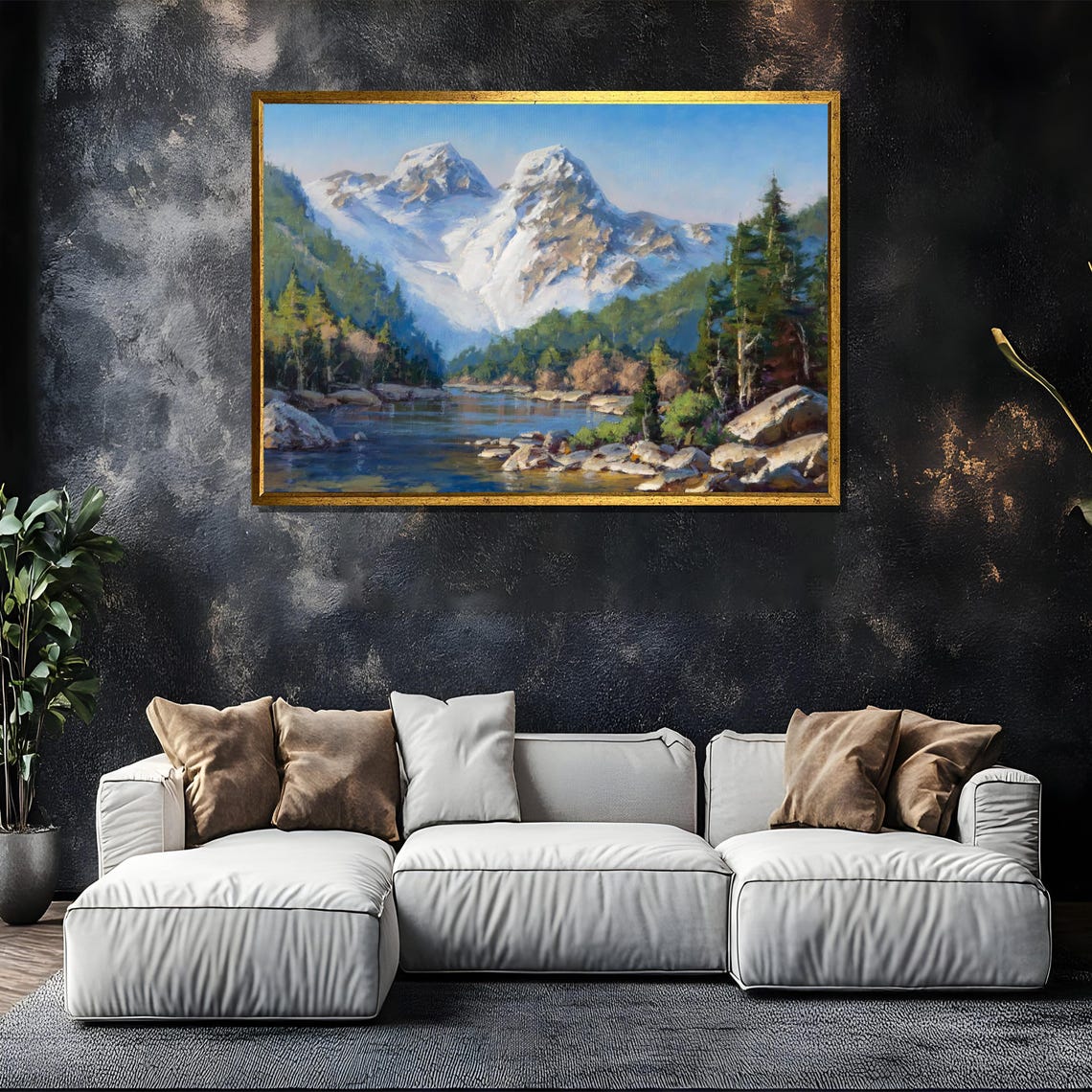 Snow Capped Mountain Peaks Reflected in Alpine Lake Painting Poster - Image 5