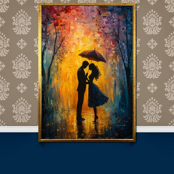 Romantic Silhouette Painting Couple Under Umbrella In A Colorful Rain Love Anniversary Gift Textured Wall Art